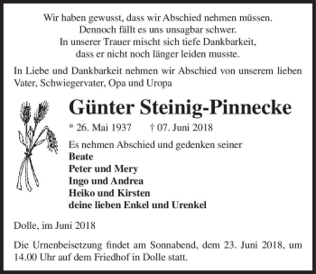 Traueranzeige von Günter Steinig-Pinnecke  von Magdeburger Volksstimme