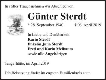 Traueranzeige von Günter Sterdt  von Magdeburger Volksstimme