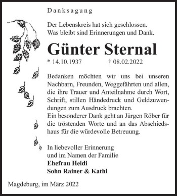 Traueranzeige von Günter Sternal  von Magdeburger Volksstimme