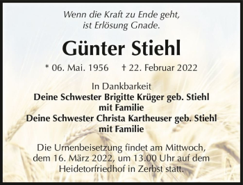 Traueranzeige von Günter Stiehl  von Magdeburger Volksstimme