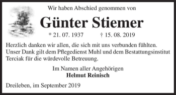 Traueranzeige von Günter Stiemer  von Magdeburger Volksstimme