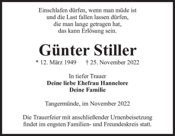 Traueranzeige von Günter Stiller  von Magdeburger Volksstimme
