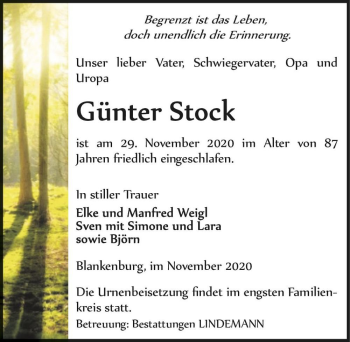 Traueranzeige von Günter Stock  von Magdeburger Volksstimme