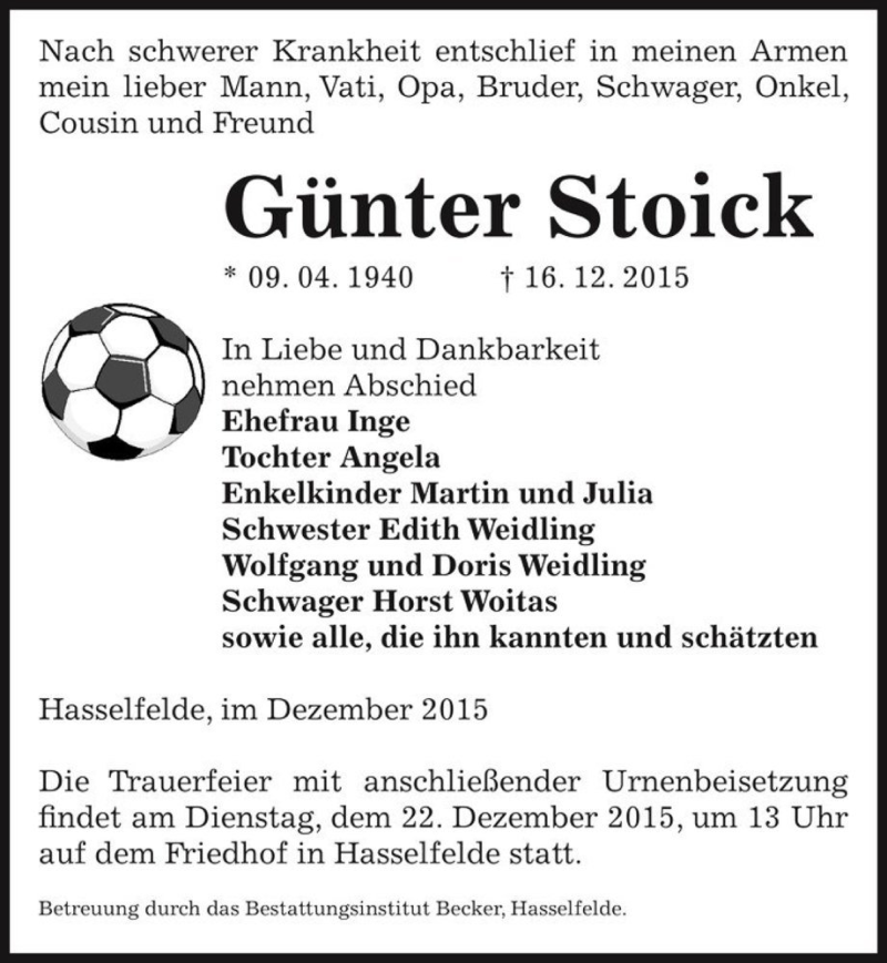  Traueranzeige für Günter Stoick  vom 19.12.2015 aus Magdeburger Volksstimme