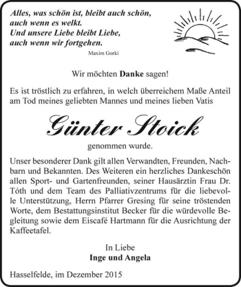 Traueranzeige von Günter Stoick  von Magdeburger Volksstimme