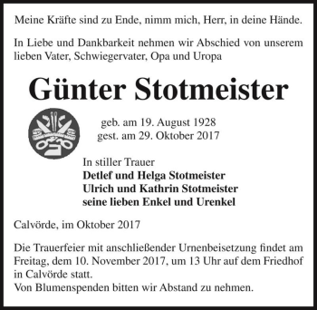 Traueranzeige von Günter Stotmeister  von Magdeburger Volksstimme