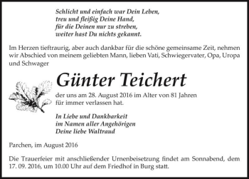 Traueranzeige von Günter Teichert  von Magdeburger Volksstimme