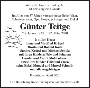Traueranzeige von Günter Teitge  von Magdeburger Volksstimme