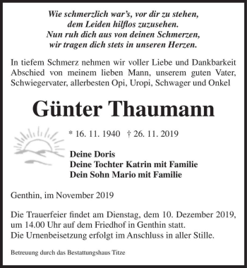 Traueranzeige von Günter Thaumann  von Magdeburger Volksstimme