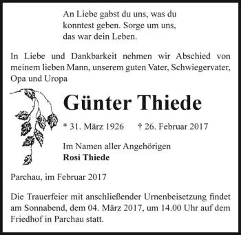 Traueranzeige von Günter Thiede  von Magdeburger Volksstimme
