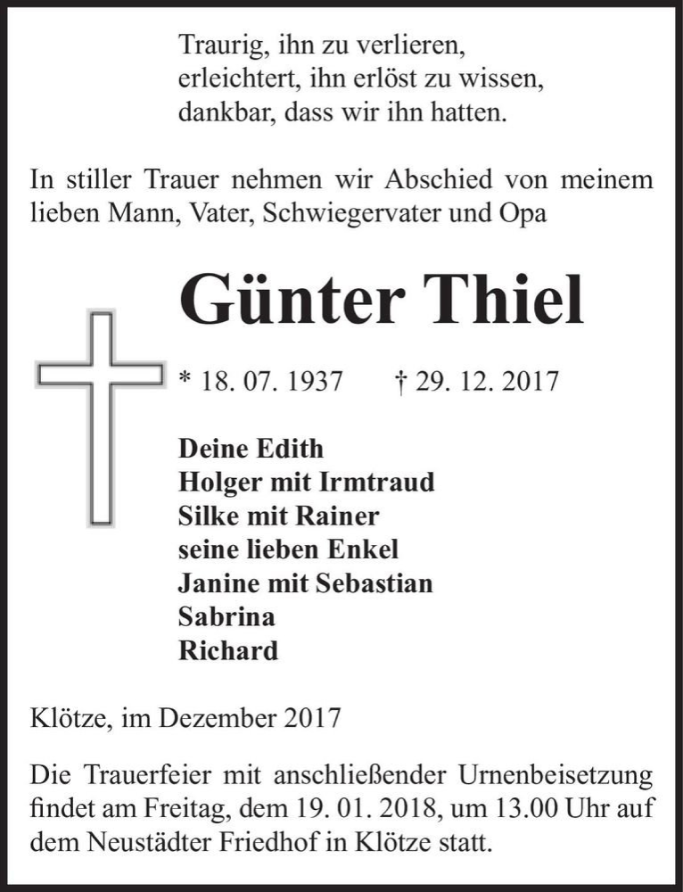  Traueranzeige für Günter Thiel  vom 12.01.2018 aus Magdeburger Volksstimme