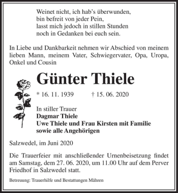 Traueranzeige von Günter Thiele  von Magdeburger Volksstimme