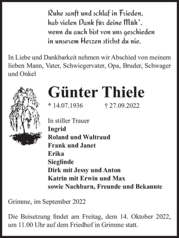 Traueranzeige von Günter Thiele  von Magdeburger Volksstimme