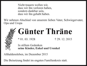 Traueranzeige von Günter Thräne  von Magdeburger Volksstimme