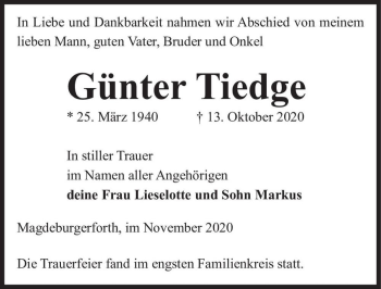 Traueranzeige von Günter Tiedge  von Magdeburger Volksstimme