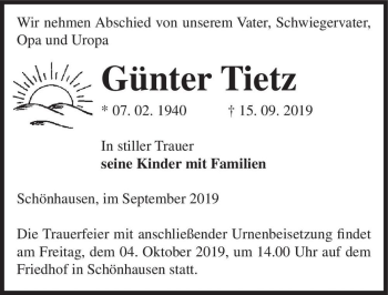 Traueranzeige von Günter Tietze  von Magdeburger Volksstimme