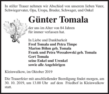 Traueranzeige von Günter Tomala  von Magdeburger Volksstimme