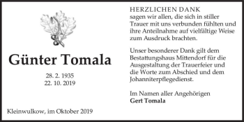Traueranzeige von Günter Tomala  von Magdeburger Volksstimme