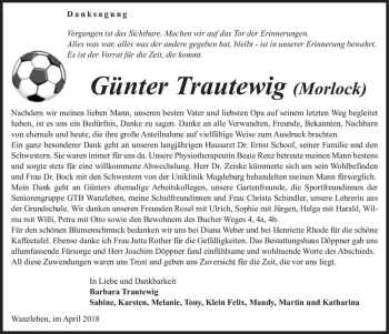 Traueranzeige von Günter Trautewig (Morlock)  von Magdeburger Volksstimme