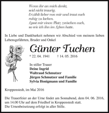 Traueranzeige von Günter Tuchen  von Magdeburger Volksstimme