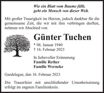Traueranzeige von Günter Tuchen  von Magdeburger Volksstimme