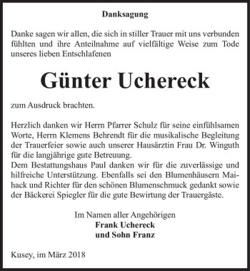 Traueranzeige von Günter Uchereck  von Magdeburger Volksstimme