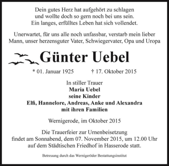 Traueranzeige von Günter Uebel  von Magdeburger Volksstimme