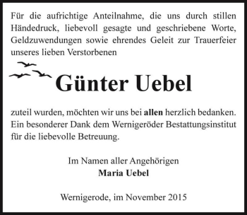 Traueranzeige von Günter Uebel  von Magdeburger Volksstimme