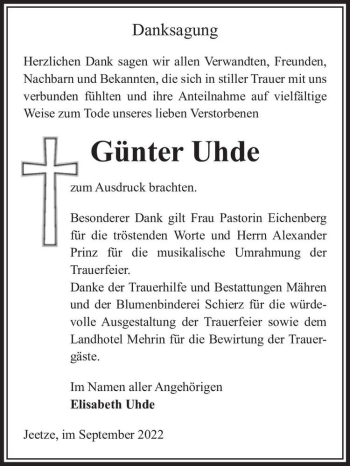 Traueranzeige von Günter Uhde  von Magdeburger Volksstimme