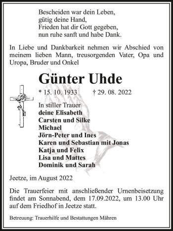 Traueranzeige von Günter Uhde  von Magdeburger Volksstimme