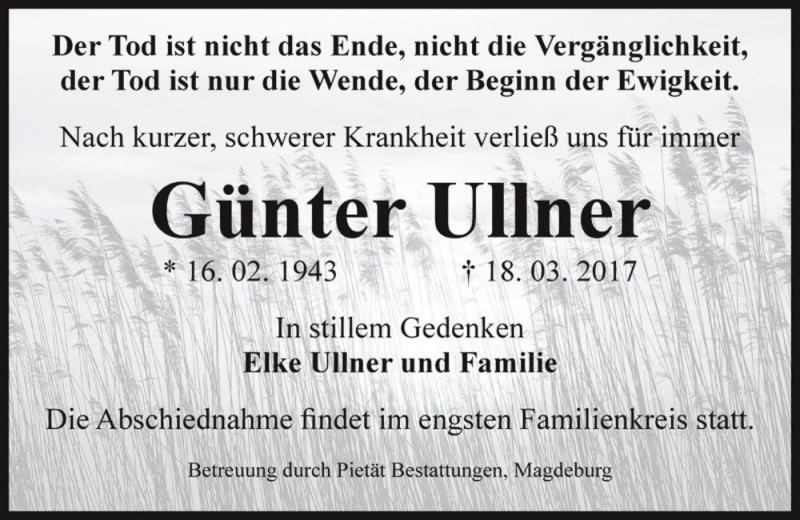  Traueranzeige für Günter Ullner  vom 01.04.2017 aus Magdeburger Volksstimme