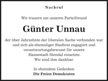 Traueranzeige von Günter Unnau  von Magdeburger Volksstimme