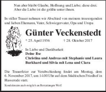 Traueranzeige von Günter Veckenstedt  von Magdeburger Volksstimme