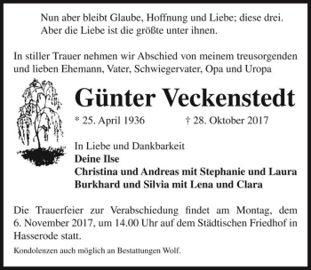 Traueranzeige von Günter Veckenstedt  von Magdeburger Volksstimme