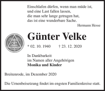 Traueranzeige von Günter Velke  von Magdeburger Volksstimme