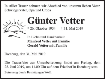 Traueranzeige von Günter Vetter  von Magdeburger Volksstimme