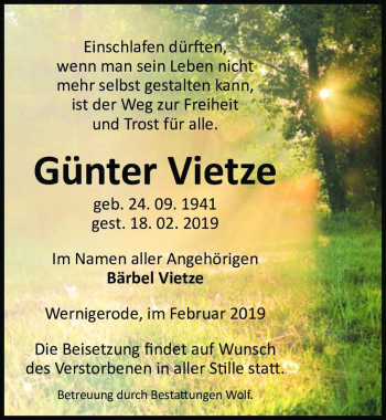 Traueranzeige von Günter Vietze  von Magdeburger Volksstimme