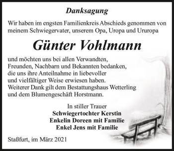 Traueranzeige von Günter Vohlmann  von Magdeburger Volksstimme