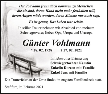 Traueranzeige von Günter Vohlmann  von Magdeburger Volksstimme