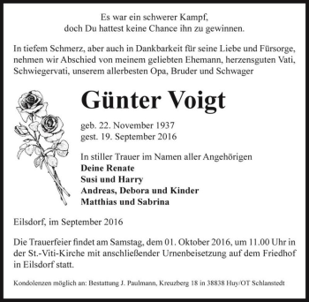 Traueranzeige von Günter Voigt  von Magdeburger Volksstimme