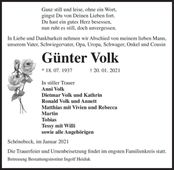Traueranzeige von Günter Volk  von Magdeburger Volksstimme