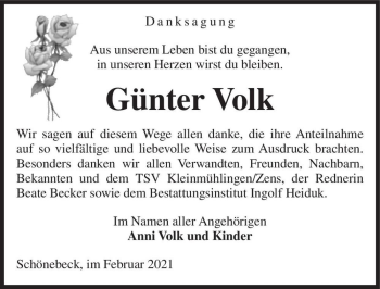 Traueranzeige von Günter Volk  von Magdeburger Volksstimme