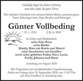 Traueranzeige von Günter Vollbeding  von Magdeburger Volksstimme