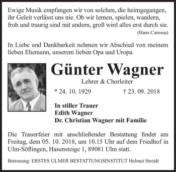 Traueranzeige von Günter Wagner  von Magdeburger Volksstimme