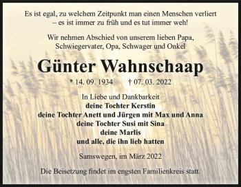 Traueranzeige von Günter Wahnschaap  von Magdeburger Volksstimme