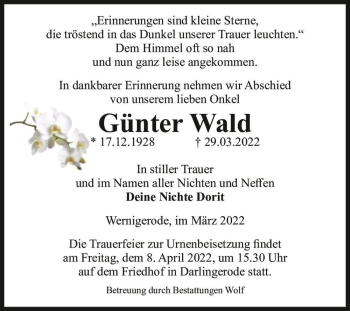 Traueranzeige von Günter Wald  von Magdeburger Volksstimme