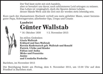 Traueranzeige von Günter Wallstab  von Magdeburger Volksstimme