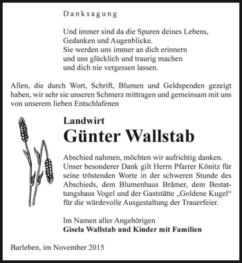 Traueranzeige von Günter Wallstab  von Magdeburger Volksstimme