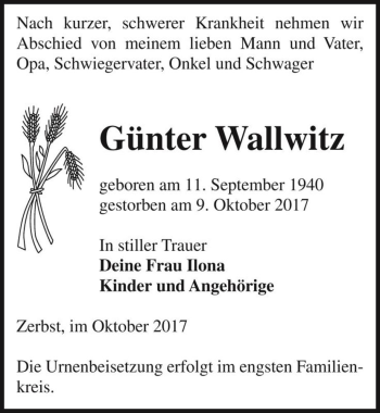 Traueranzeige von Günter Wallwitz  von Magdeburger Volksstimme