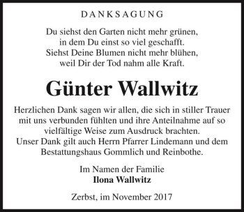 Traueranzeige von Günter Wallwitz  von Magdeburger Volksstimme